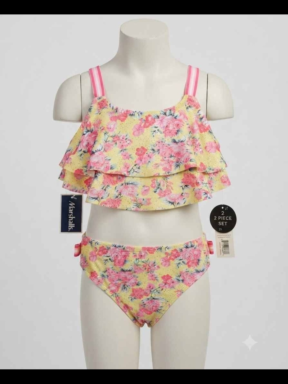 Nicole Miller Yellow Floral Ruffle Bikini with Pink Straps